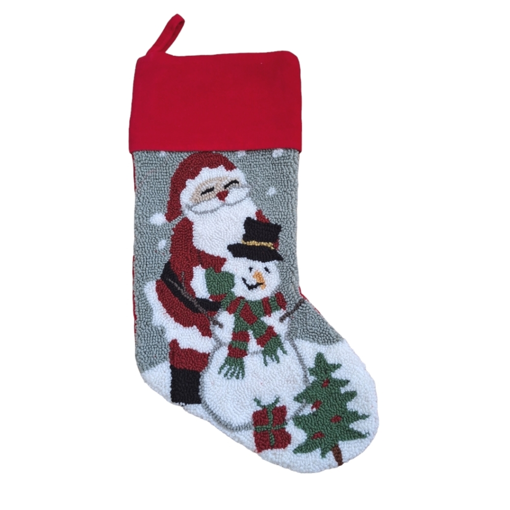 North Pole Trading Co. Loomed Santa and Snowman Christmas Stocking